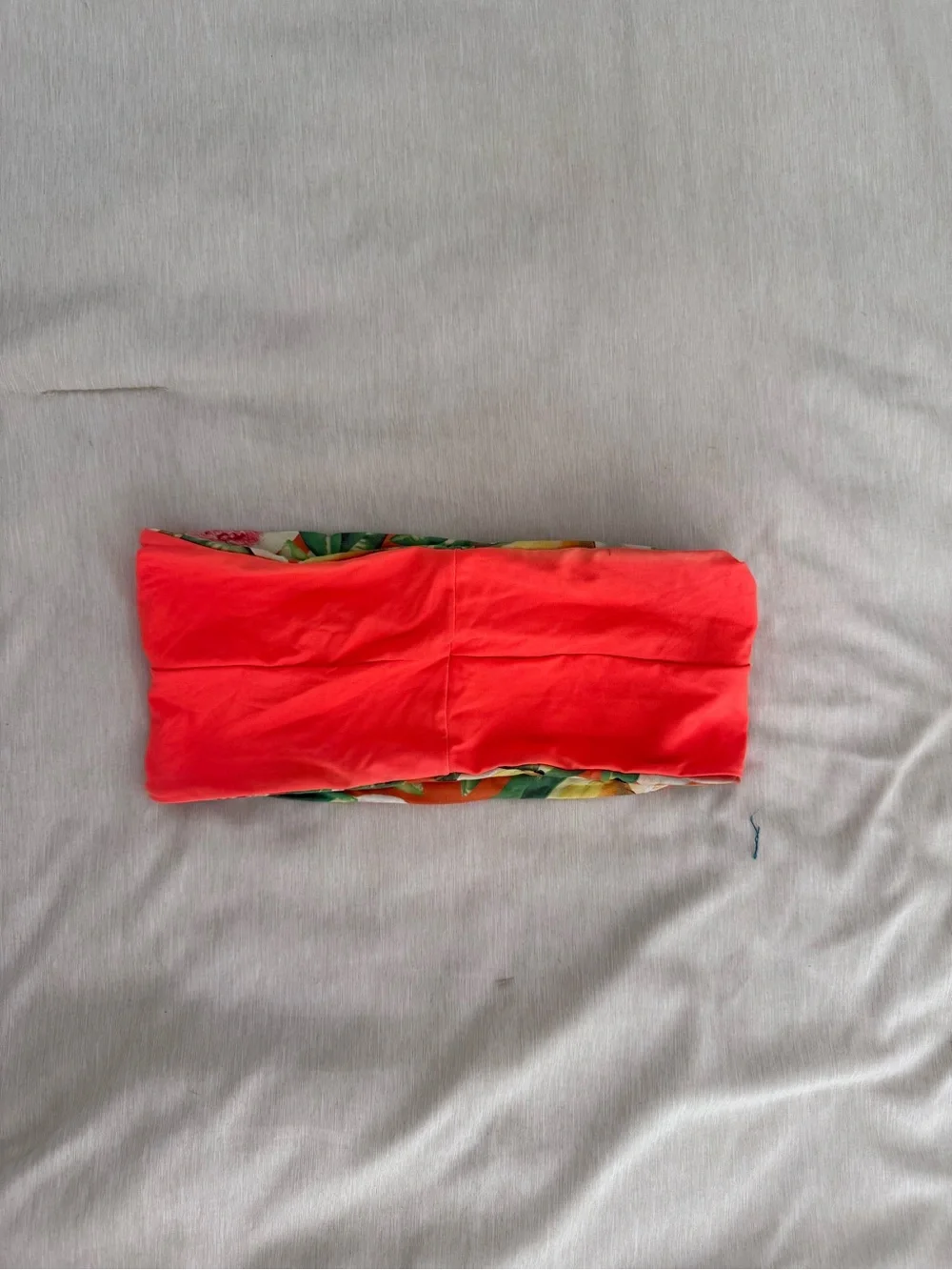 Reversible Bright Coral Bandeau Bikini Top with Tropical Trim